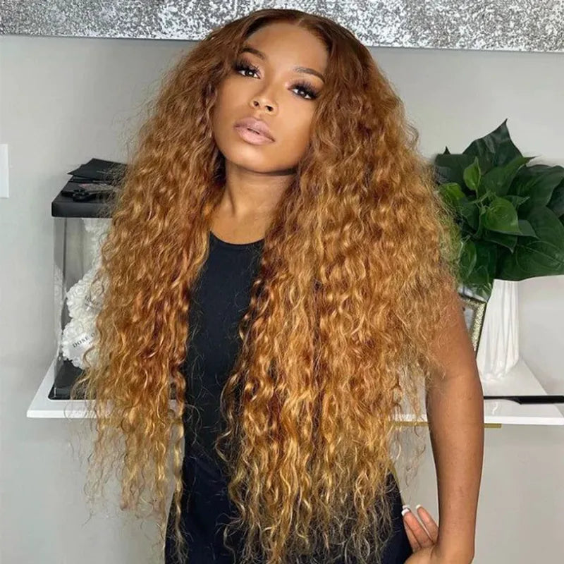 Water Wave Invisi Strap 360 Skin Lace Frontal Ombre Honey Blonde Wig With Chocolate Dark Roots Pre Everything Glueless Wig