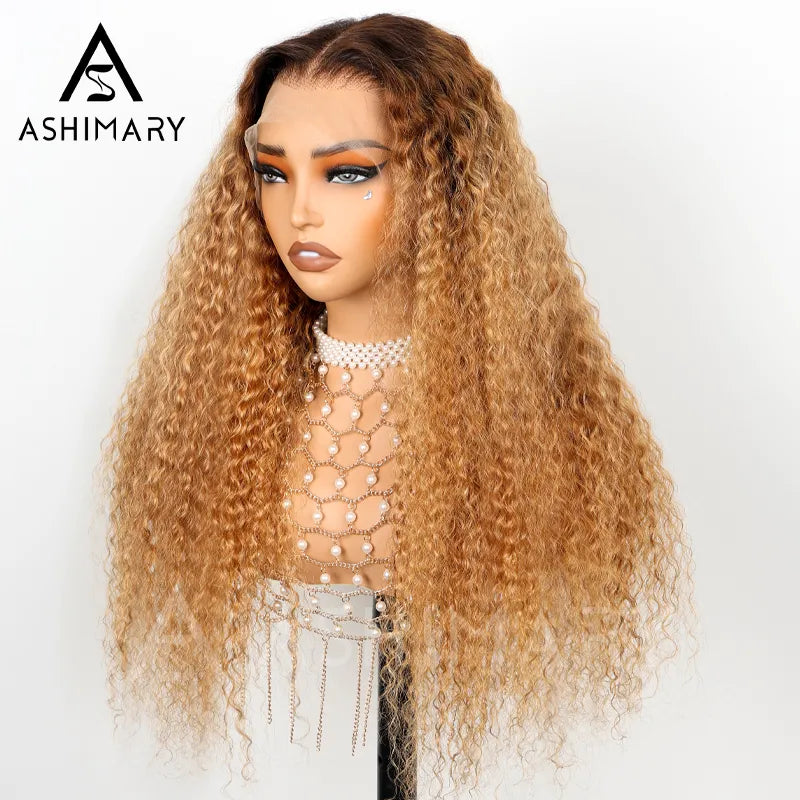 Water Wave Invisi Strap 360 Skin Lace Frontal Ombre Honey Blonde Wig With Chocolate Dark Roots Pre Everything Glueless Wig