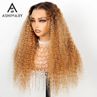 Water Wave Invisi Strap 360 Skin Lace Frontal Ombre Honey Blonde Wig With Chocolate Dark Roots Pre Everything Glueless Wig