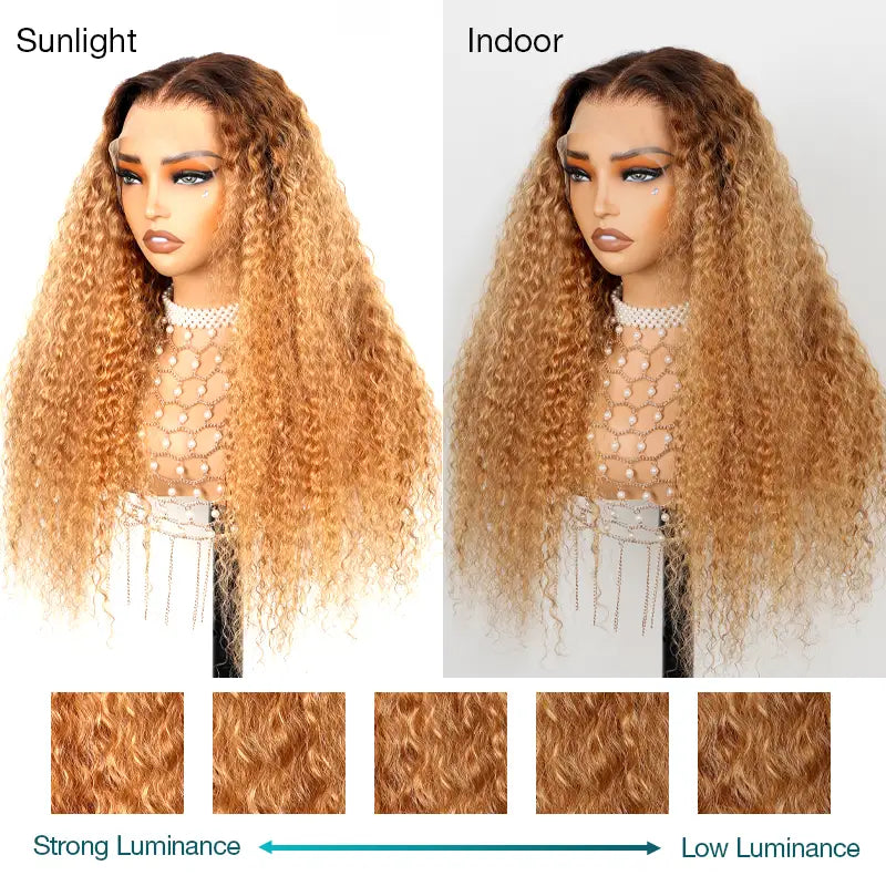 Water Wave Invisi Strap 360 Skin Lace Frontal Ombre Honey Blonde Wig With Chocolate Dark Roots Pre Everything Glueless Wig