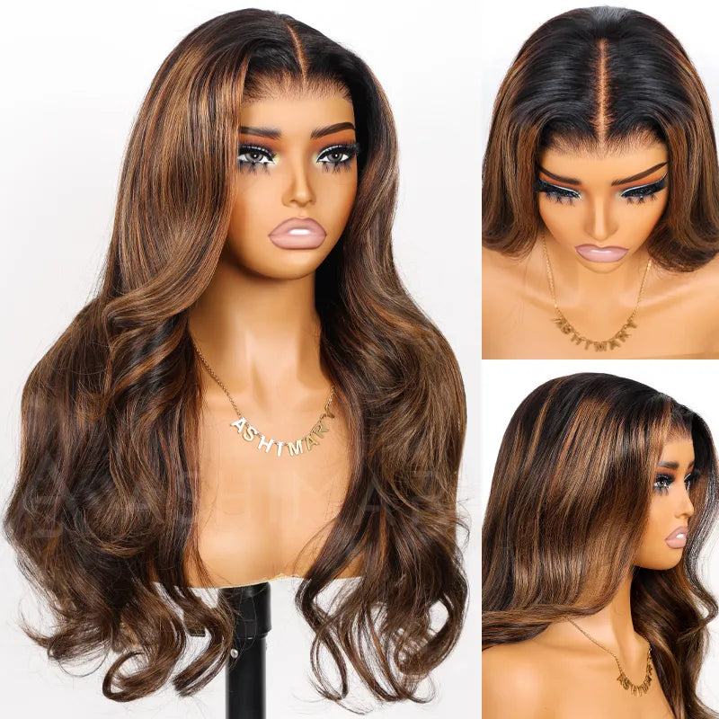 Balayage Highlights Dark Roots Layer Cut Body Wave 360 Skin Lace Frontal with Invisi Strap Human Hair Wig
