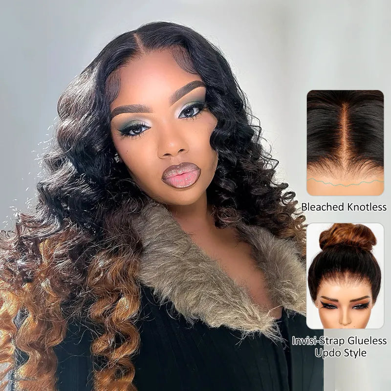 Black Brown Honey Blonde Ombre 360 Skin Lace Frontal with Invisi Strap Bouncy Layer Cut 3D Body Wave Pre Bleached Human Hair Wig