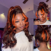 Salon Layer Cut Ginger Highlights On Brown Hair 360 Lace Frontal Invisi Strap Skin Lace InvisiDrawstring Snug Fit Body Wave Human Hair Wig