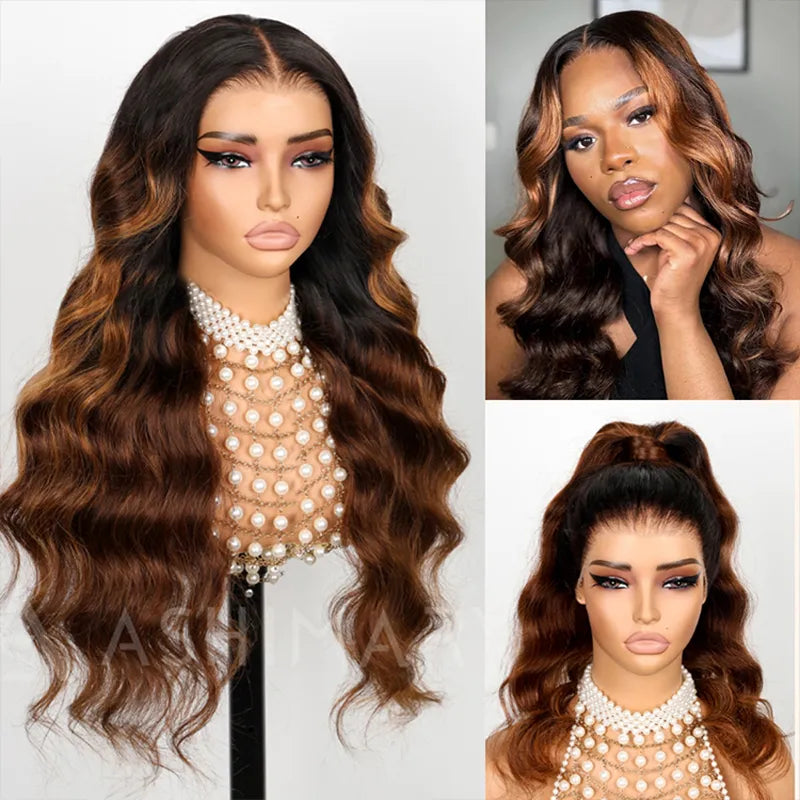 New Black Ombre Brown Highlight Layer Cut Body Wave 360 Lace Frontal with Invisi Strap Pre Bleached & Plucked Human Hair Wig