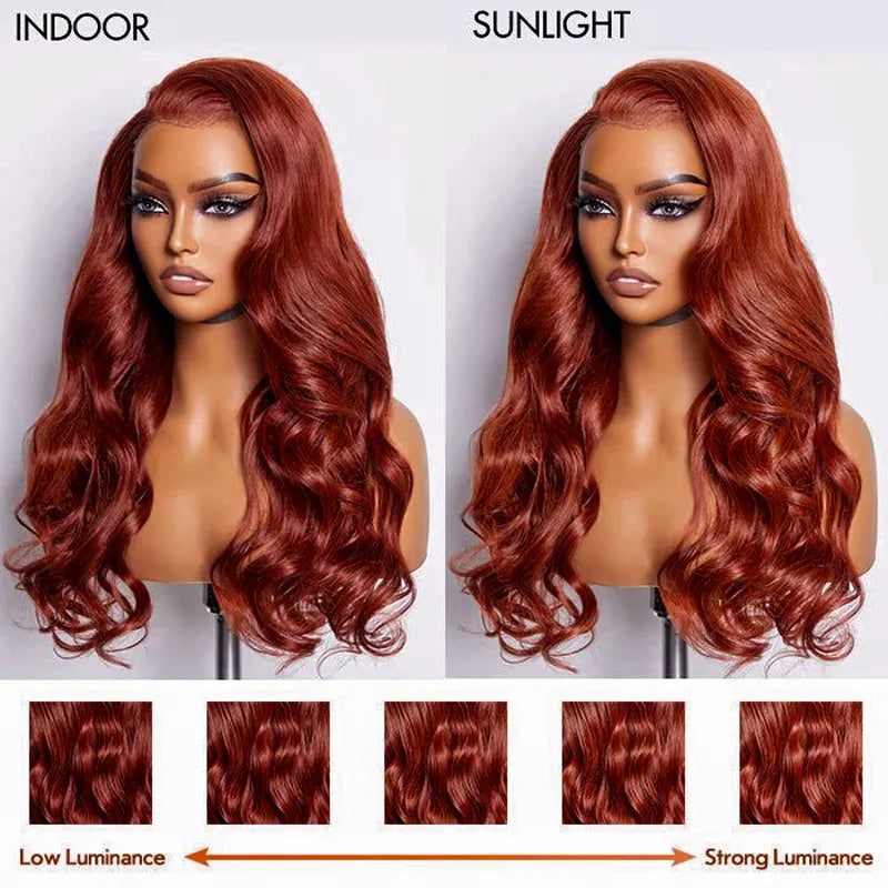 Upgrade Reddish Brown Layer Cut Body Wave Invisi Strap Laid Flat 360 Skin Lace Frontal Pre-Bleached Knots Put On & Go Wig