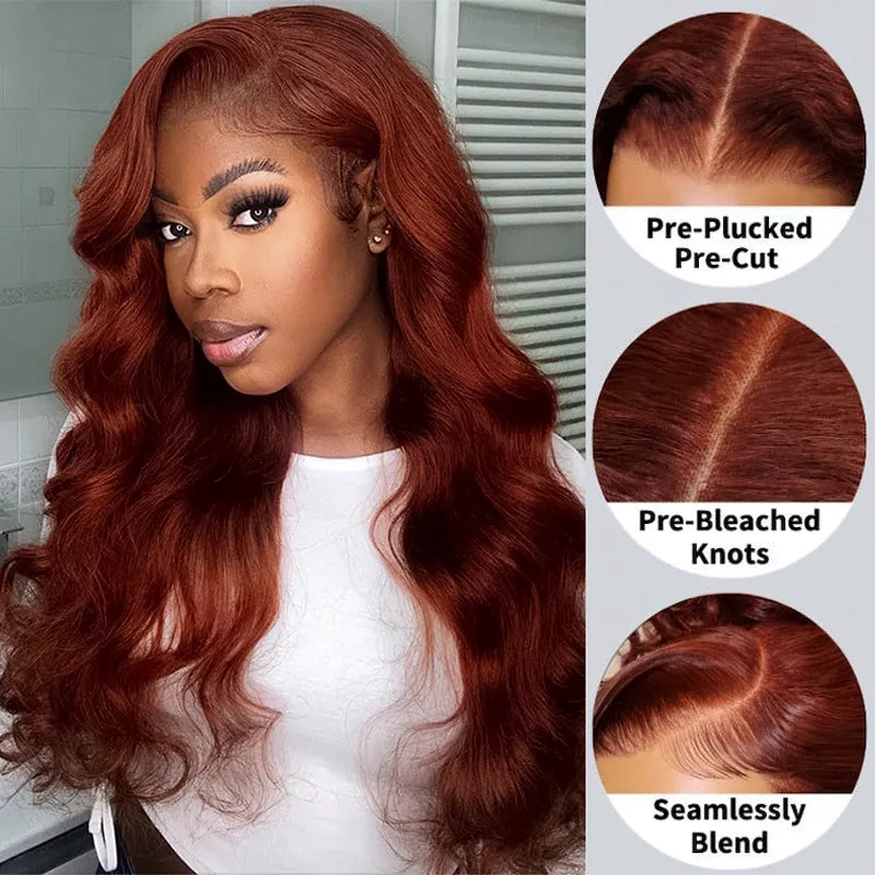 Upgrade Reddish Brown Layer Cut Body Wave Invisi Strap Laid Flat 360 Skin Lace Frontal Pre-Bleached Knots Put On & Go Wig