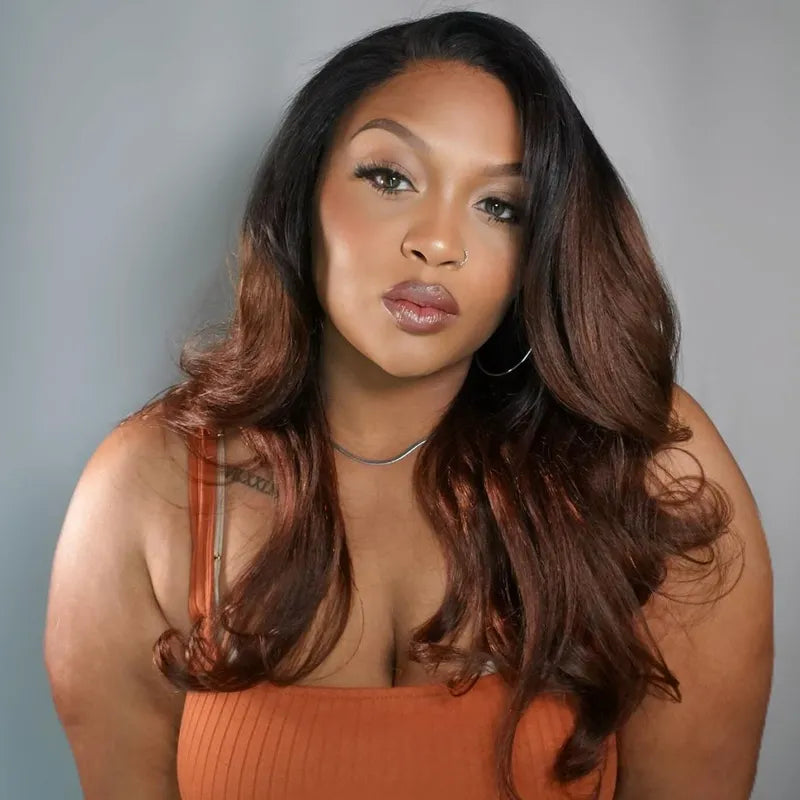 Yaki Body Pre-Layered Black Brown Ombre Invisi Strap 360 Skin Lace Frontal Glueless Lay Flat Human Hair Wig
