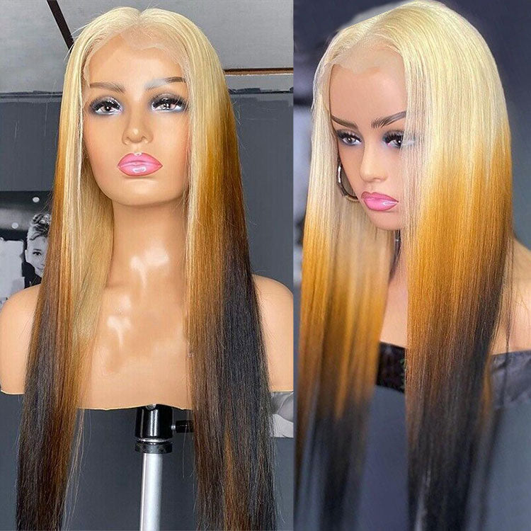 Blonde Brown Ombre Wig Bone Straight 13x4 HD Lace Front Human Hair Wigs