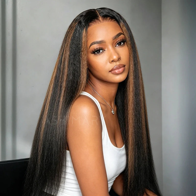 Kinky Straight Brown Highlight Invisi Strap 360 Skin Lace Frontal Glueless Wig Pre Everything Human Hair Wig