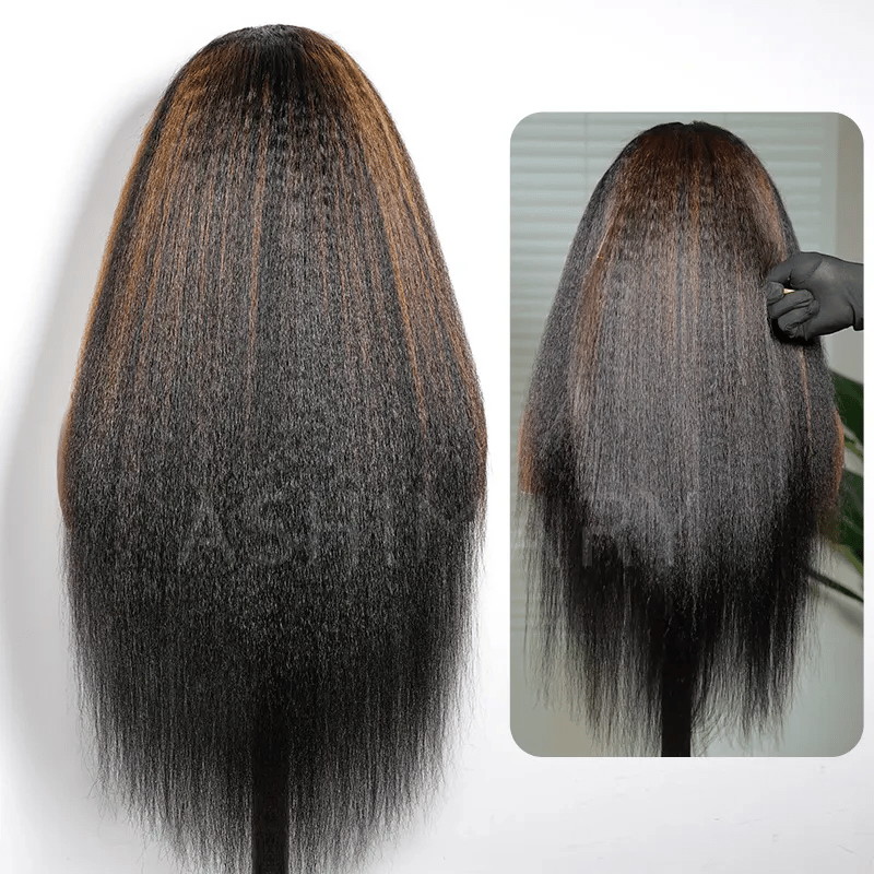 Kinky Straight Brown Highlight Invisi Strap 360 Skin Lace Frontal Glueless Wig Pre Everything Human Hair Wig