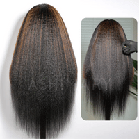 Kinky Straight Brown Highlight Invisi Strap 360 Skin Lace Frontal Glueless Wig Pre Everything Human Hair Wig