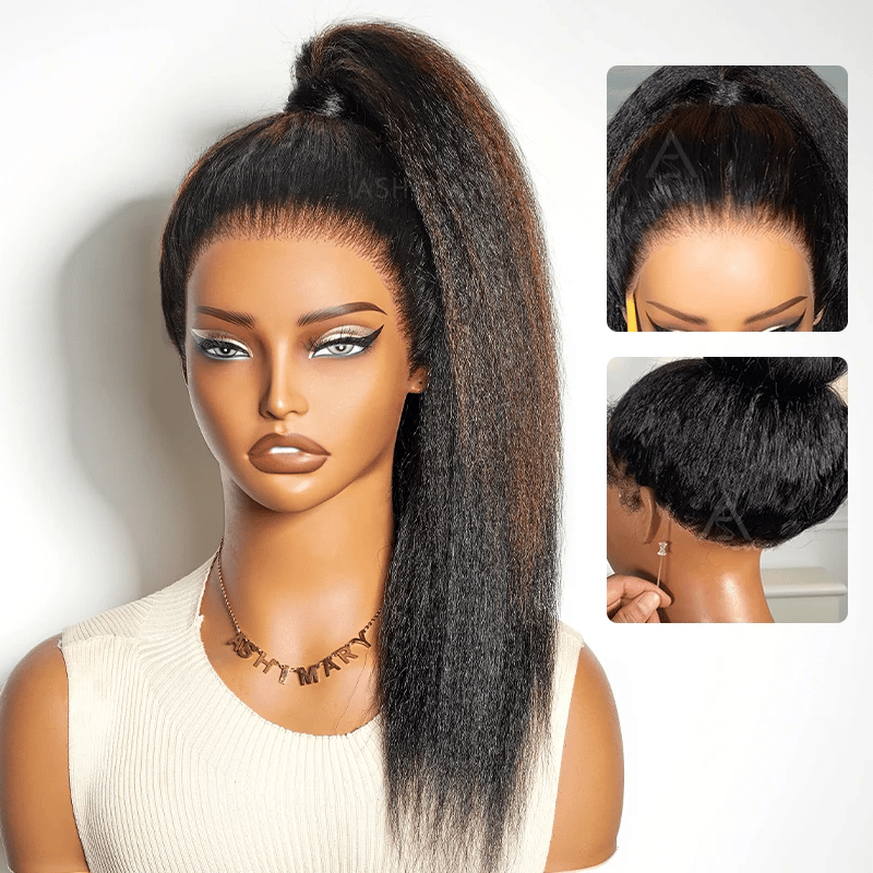 Kinky Straight Brown Highlight Invisi Strap 360 Skin Lace Frontal Glueless Wig Pre Everything Human Hair Wig