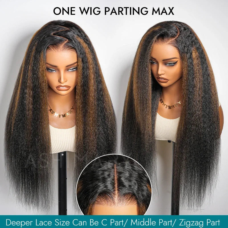 Kinky Straight Brown Highlight Invisi Strap 360 Skin Lace Frontal Glueless Wig Pre Everything Human Hair Wig