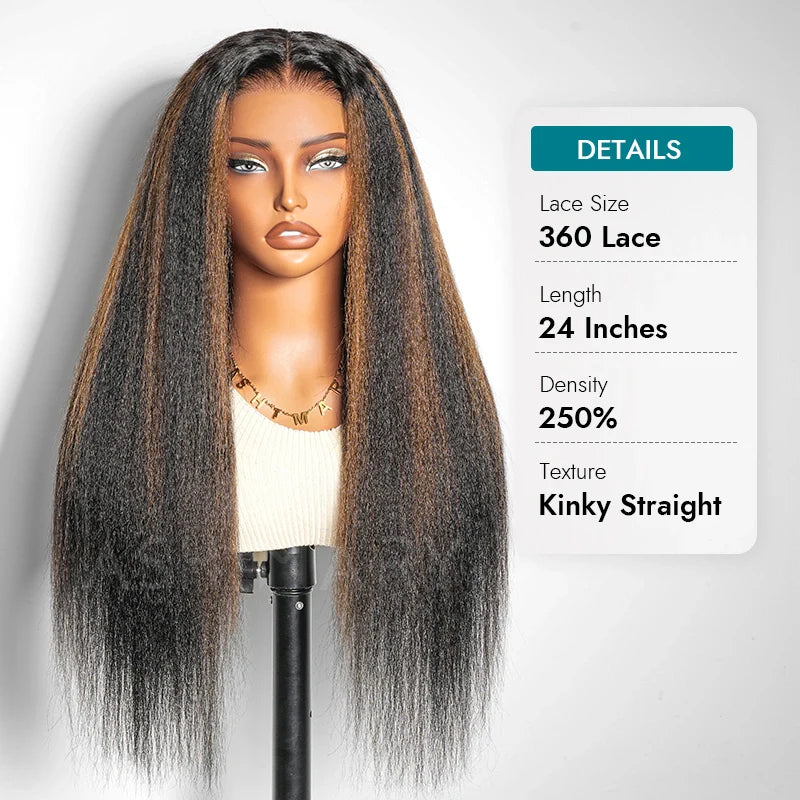 Kinky Straight Brown Highlight Invisi Strap 360 Skin Lace Frontal Glueless Wig Pre Everything Human Hair Wig
