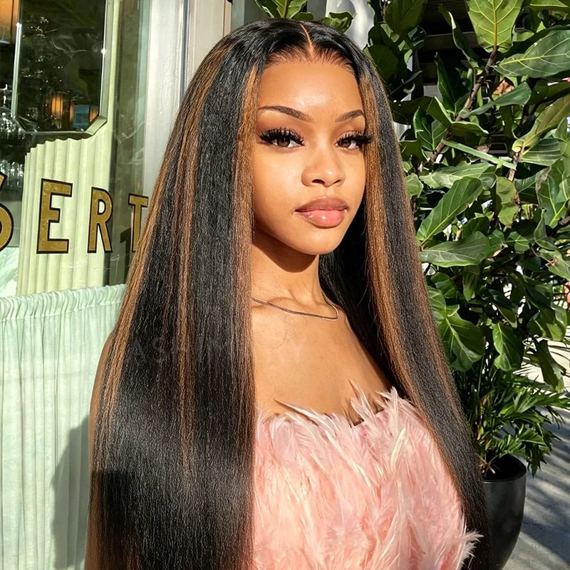 Kinky Straight Brown Highlight Invisi Strap 360 Skin Lace Frontal Glueless Wig Pre Everything Human Hair Wig