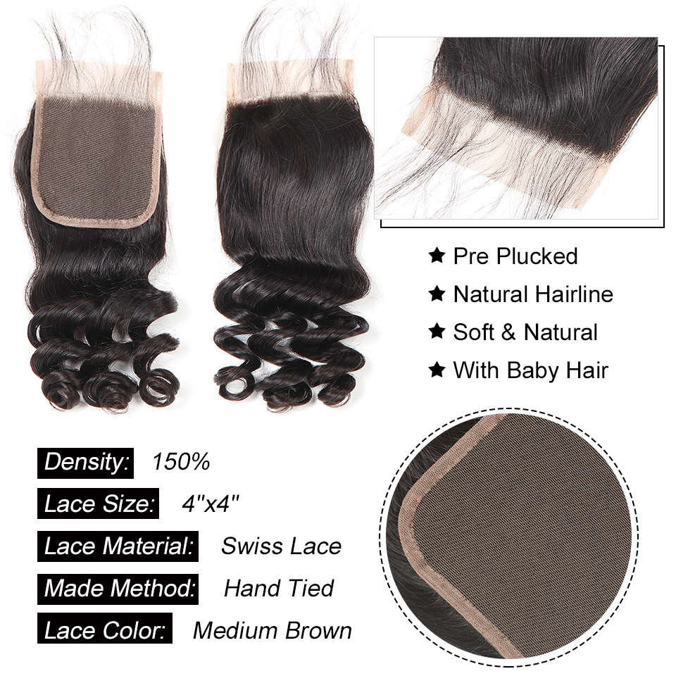 4*4 Lace Closure With Bundles Loose Wave 12A Brazilian Virgin Human Hair Weave