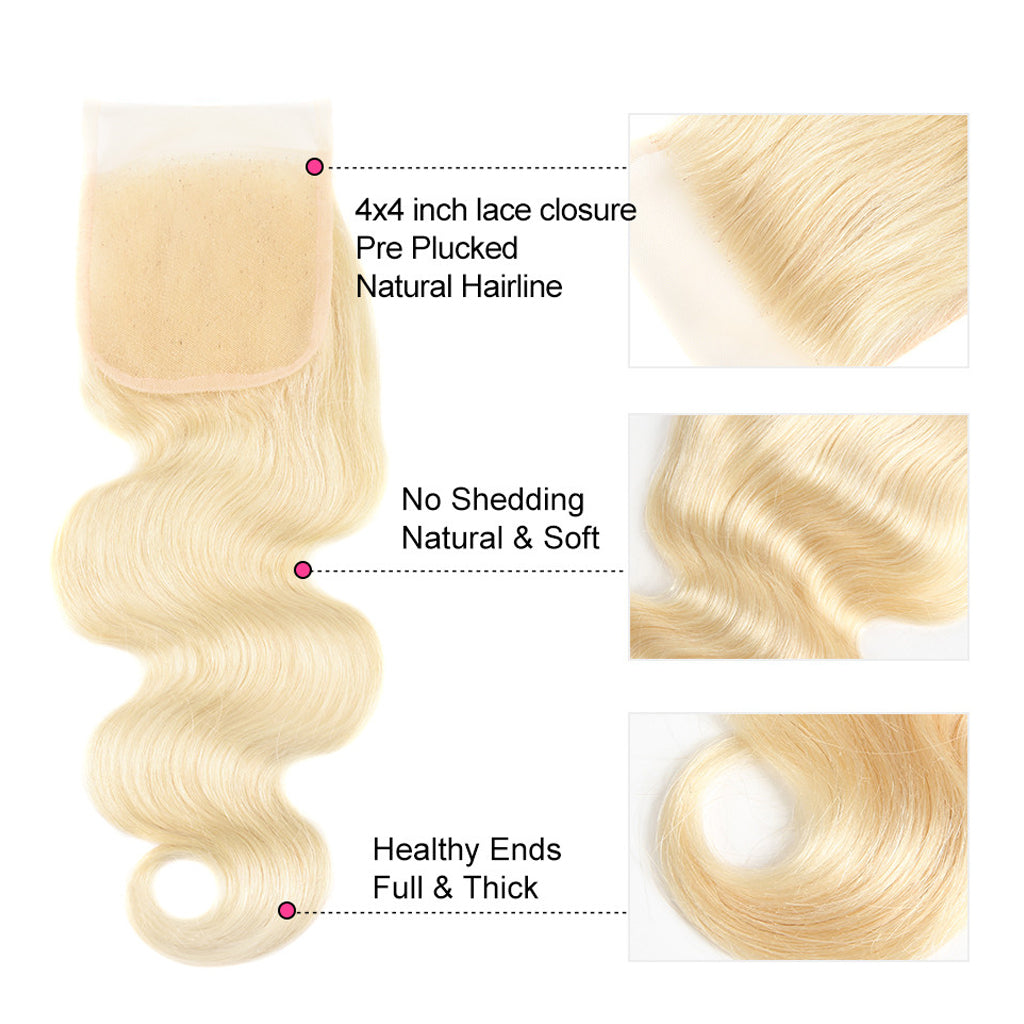 613 Honey Blonde Bundles With Closure Body Wave Virgin Human Hair Weaves