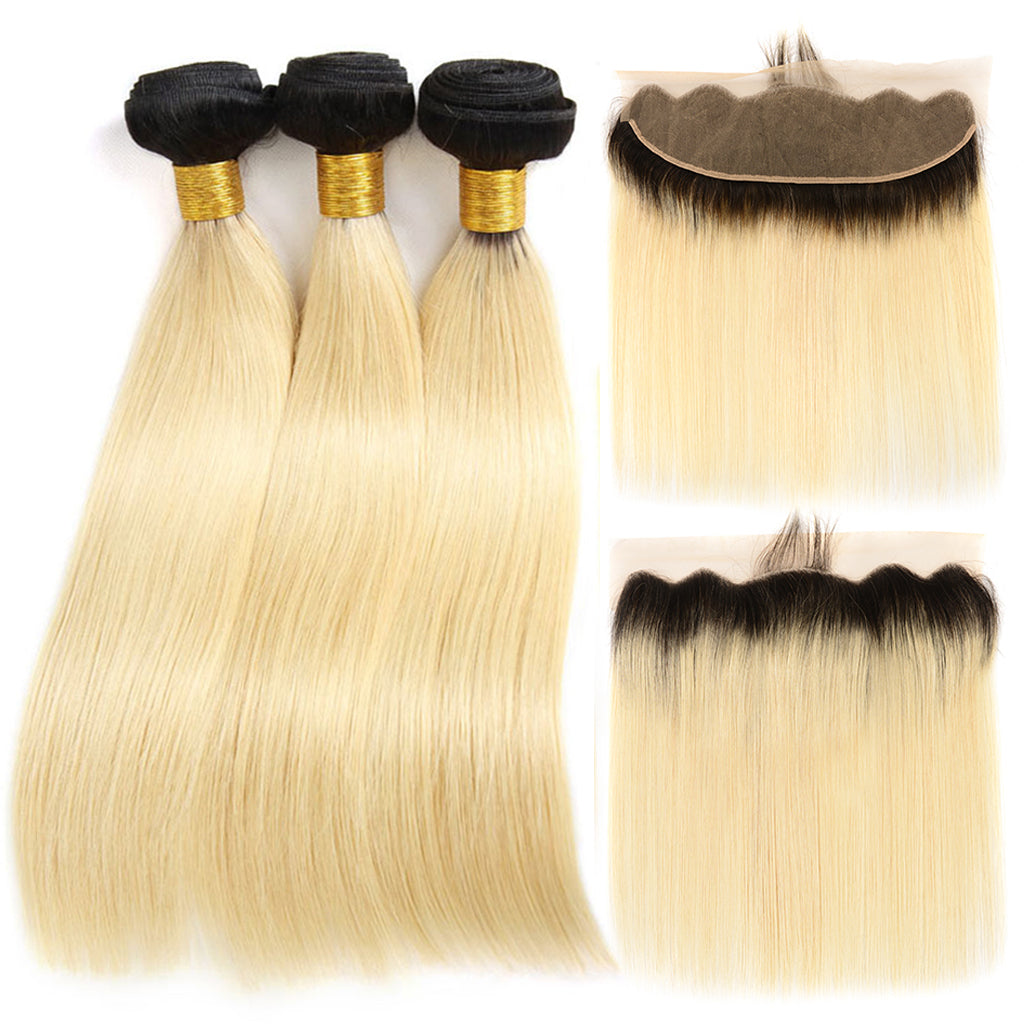 1B/613 Ombre Blonde Bundles With 13x4 Lace Frontal Closure Straight Human Hair