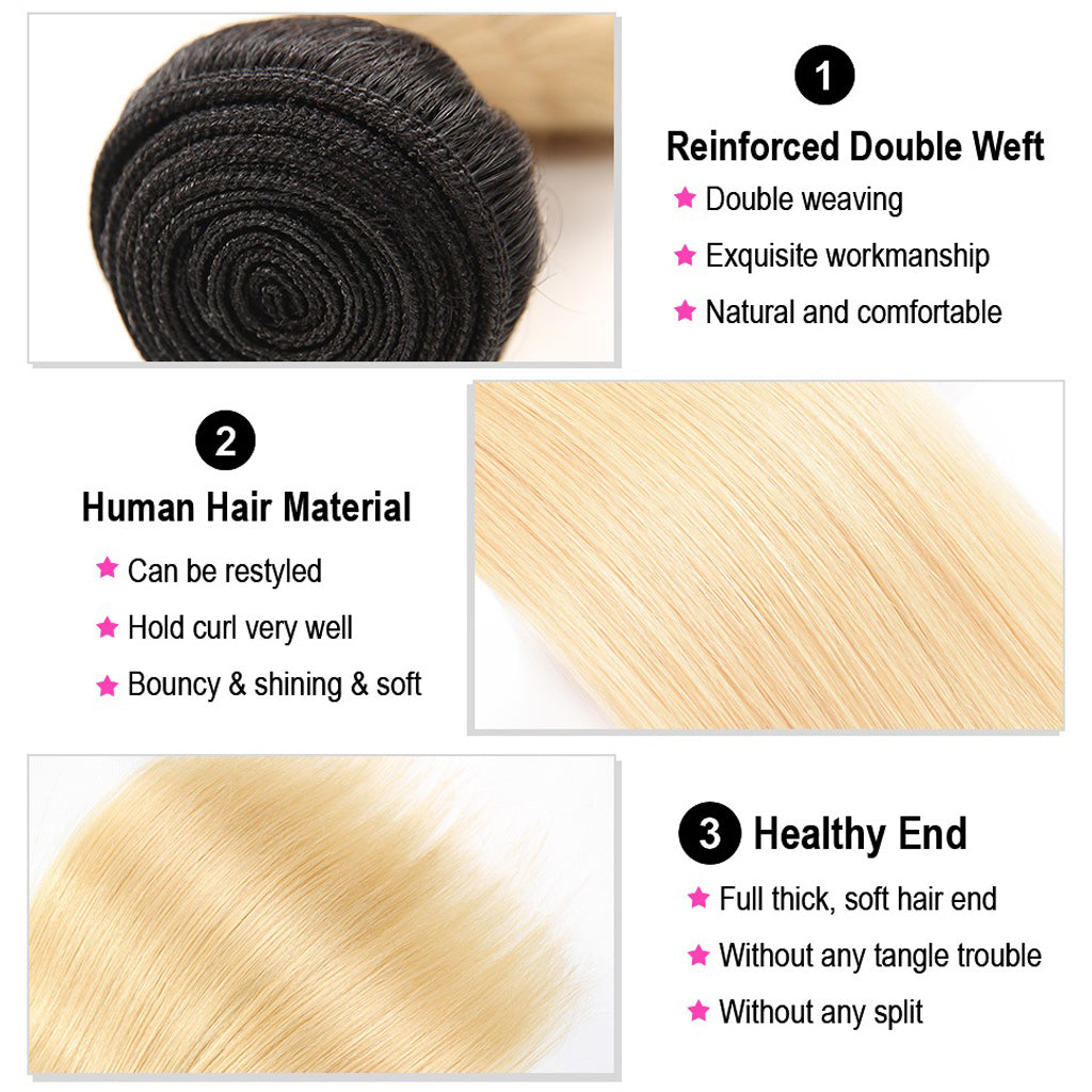 613 Blonde Hair With Black Roots Bundles With Closure Braizlian Straight Human Hair