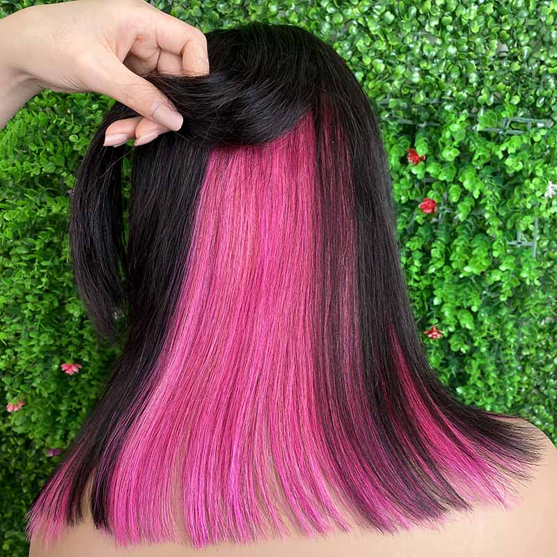 Peekboo Pink Highlight Wig Hidden Color Short Bob Silk 13x4 Transprant Lace Front Wig
