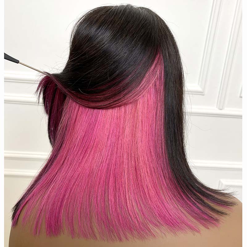 Peekboo Pink Highlight Wig Hidden Color Short Bob Silk 13x4 Transprant Lace Front Wig