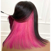 Peekboo Pink Highlight Wig Hidden Color Short Bob Silk 13x4 Transprant Lace Front Wig