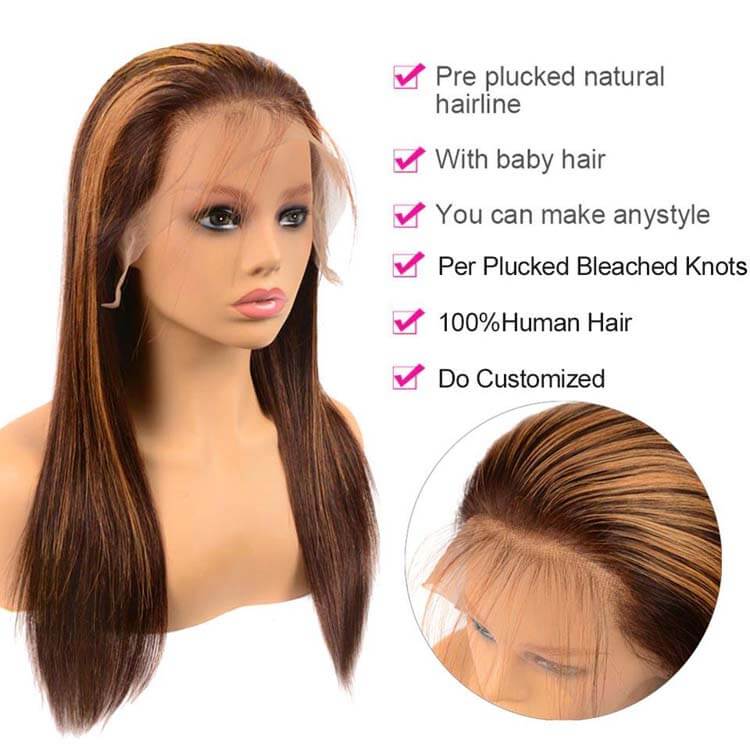 P4/27 Honey Blonde Highlight Straight Hair 13x4 13x6 Full Lace Frontal Human Hair Wigs
