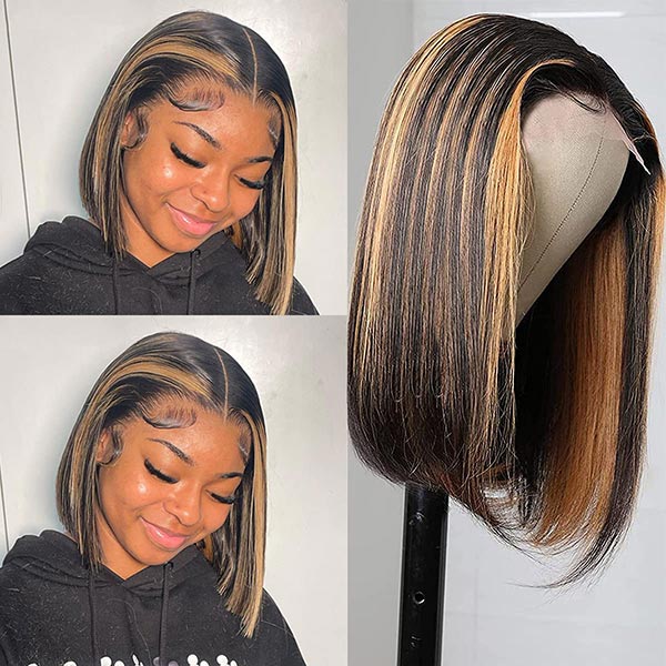 Highlight Straight Bob 5x5 Transparent Lace Wigs 100% Human Hair For Women