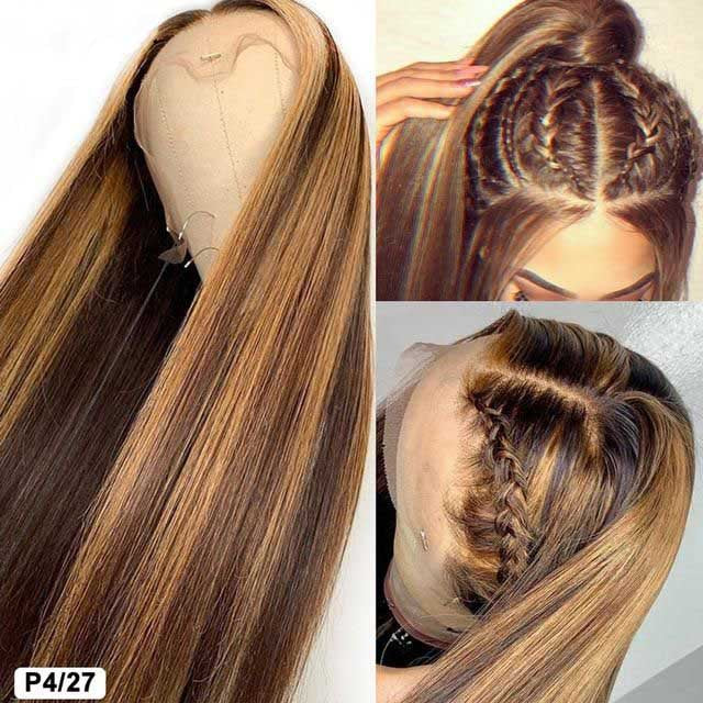 P4/27 Honey Blonde Highlight Straight Hair 13x4 13x6 Full Lace Frontal Human Hair Wigs
