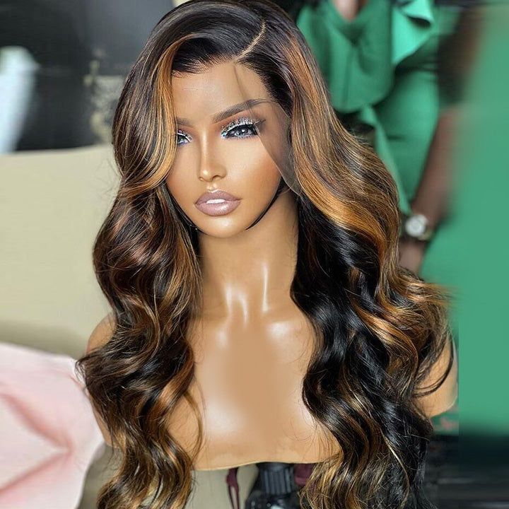 Honey Blonde Highlight 3D Body Wave 13x4 HD Lace Frontal Piano Color Human Hair Wigs