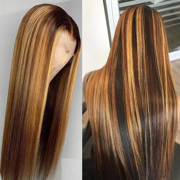 P4/27 Honey Blonde Highlight Straight Hair 13x4 13x6 Full Lace Frontal Human Hair Wigs