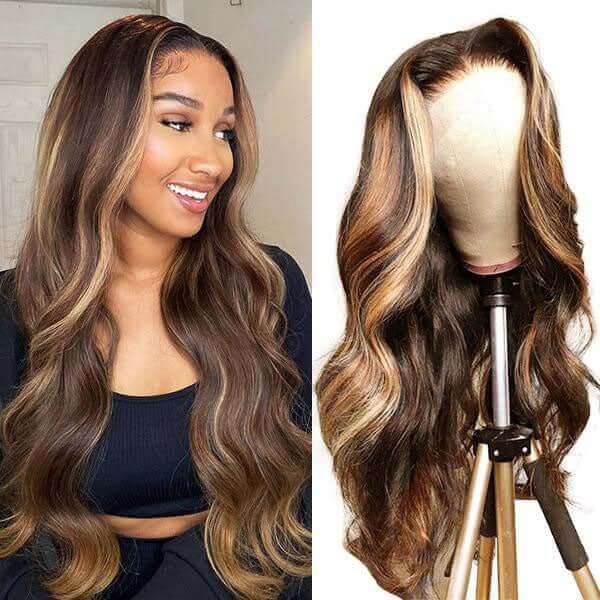Honey Blonde Highlight 3D Body Wave 13x4 HD Lace Frontal Piano Color Human Hair Wigs