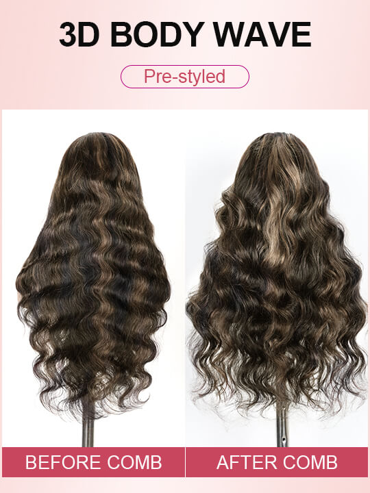 KissLove 360 Lace Wig Honey Blonde Highlight on Black Hair Body Wave Wig with Invisi-Drawstring
