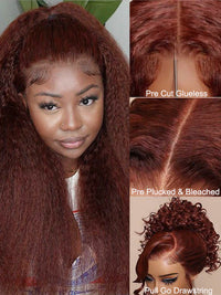 Glueless Reddish Brown Light Yaki Straight Hair Pre Max Pull Go Drawstring Lace Frontal Wig