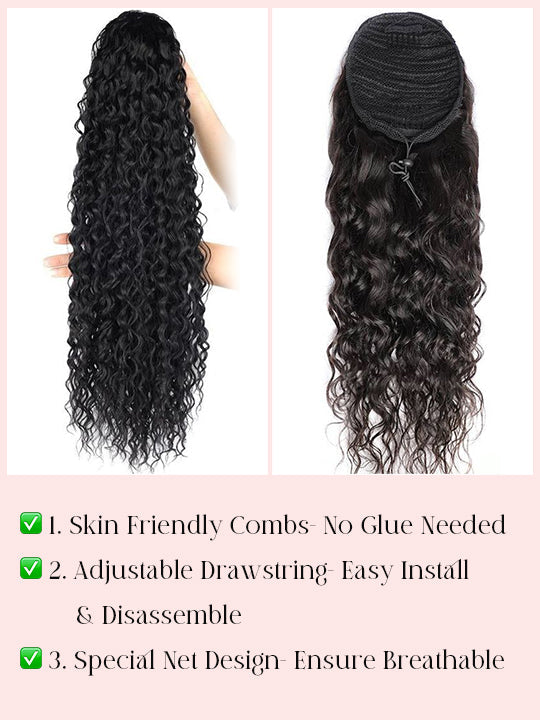 Invisi Drawstring Cap Water Wave Ponytail Extension 100% Human Hair Extensions