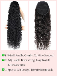 Invisi Drawstring Cap Water Wave Ponytail Extension 100% Human Hair Extensions