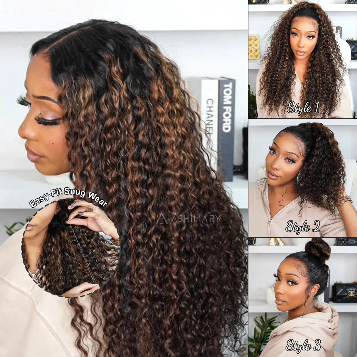 Water Wave 360 Lace Frontal Wig with Invisi Strap Brown Balayage Highlight Adjustable Fit Pre-Bleached and Pre-Cut Skin Lace