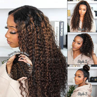 Water Wave 360 Lace Frontal Wig with Invisi Strap Brown Balayage Highlight Adjustable Fit Pre-Bleached and Pre-Cut Skin Lace