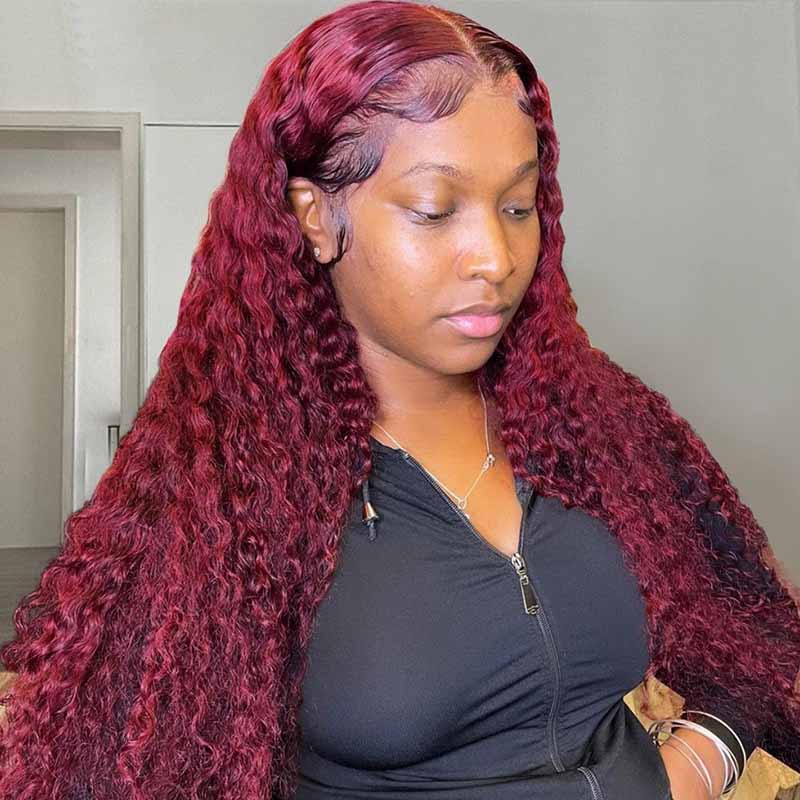 Bleached Knots 99J Deep Curly Burgundy Wig 360 Transparent Lace Human Hair Wigs