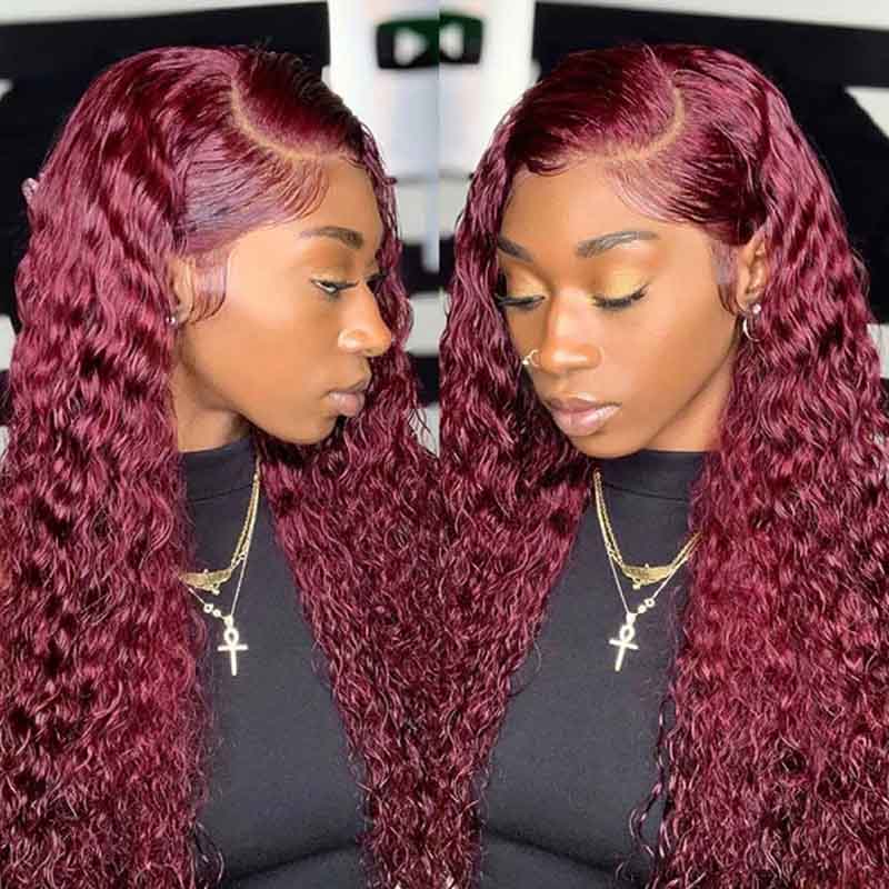 Bleached Knots 99J Deep Curly Burgundy Wig 360 Transparent Lace Human Hair Wigs