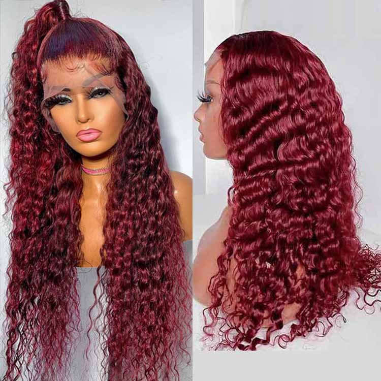 Bleached Knots 99J Deep Curly Burgundy Wig 360 Transparent Lace Human Hair Wigs