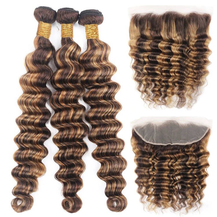 P4/27 Highlights Bundles With Frontal Loose Deep Wave Brazilian Colored Human Hair Extensions