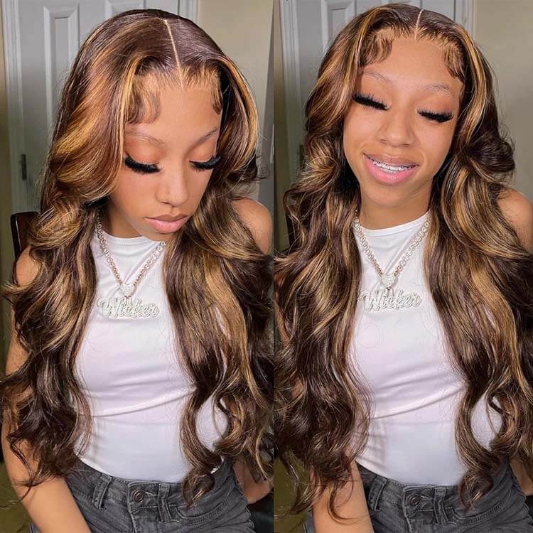Honey Blonde Highlight 3D Body Wave 13x4 HD Lace Frontal Piano Color Human Hair Wigs