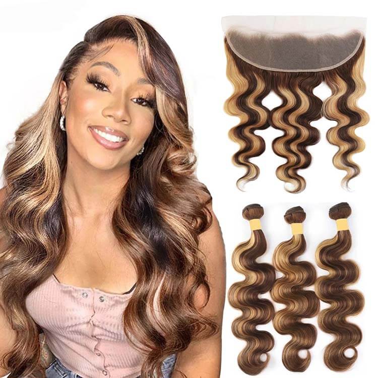 P4/27 Highlights Bundles With Frontal Body Wave 12A Brazilian Virgin Human Hair