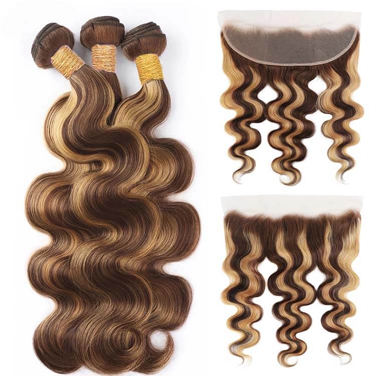 P4/27 Highlights Bundles With Frontal Body Wave 12A Brazilian Virgin Human Hair