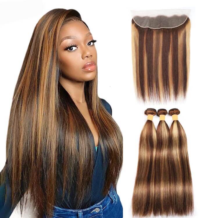 P4/27 Highlights Bundles With Frontal 12A Brazilian Straight Virgin Human Hair