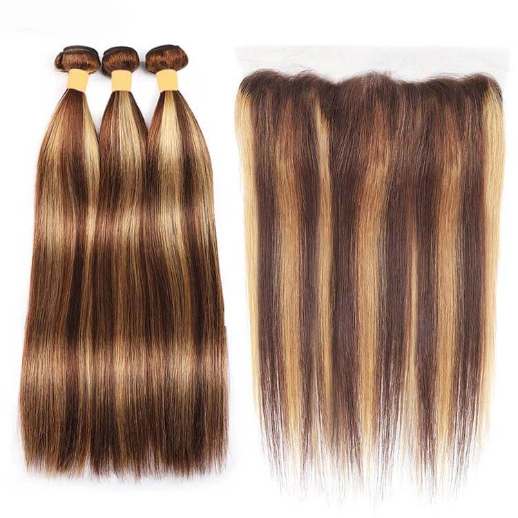 P4/27 Highlights Bundles With Frontal 12A Brazilian Straight Virgin Human Hair