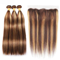 P4/27 Highlights Bundles With Frontal 12A Brazilian Straight Virgin Human Hair