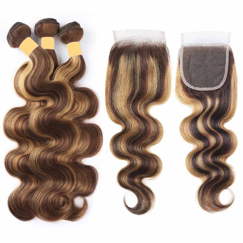 P4/27 Highlight Body Wave Human Hair 3 Bundles With Closure 12A Brazilian Hair