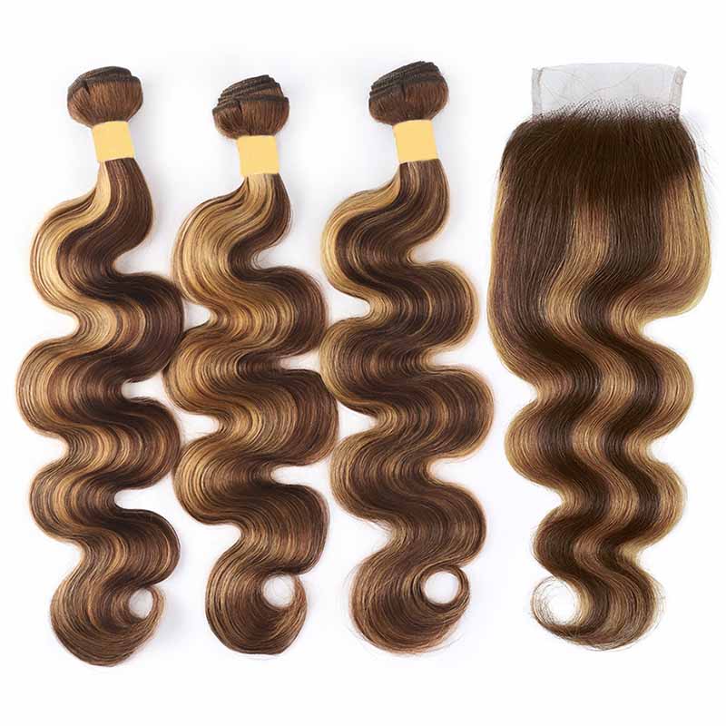 P4/27 Highlight Body Wave Human Hair 3 Bundles With Closure 12A Brazilian Hair